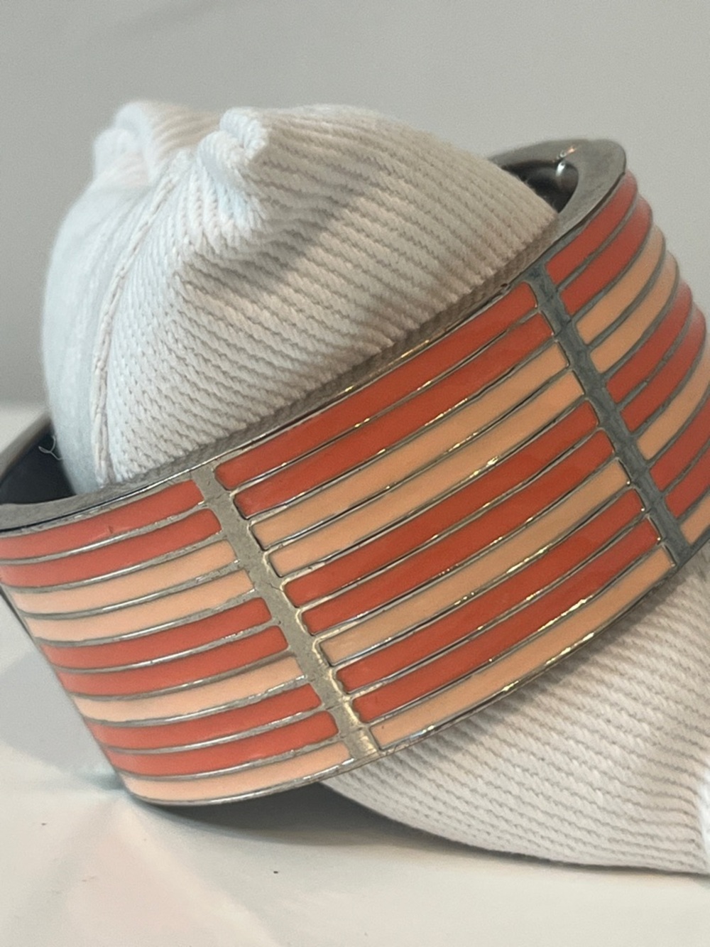 Wide Vintage Enamel Stripe Cuff Bracelet - Coral & Light Peach - Picture 3 of 8